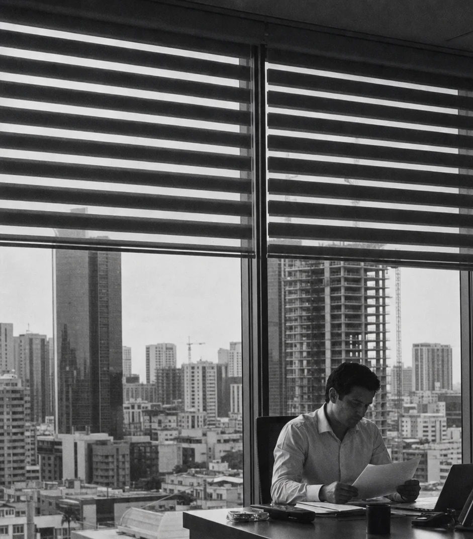 Cortina zebra instalada en ventanal de oficina con vista urbana